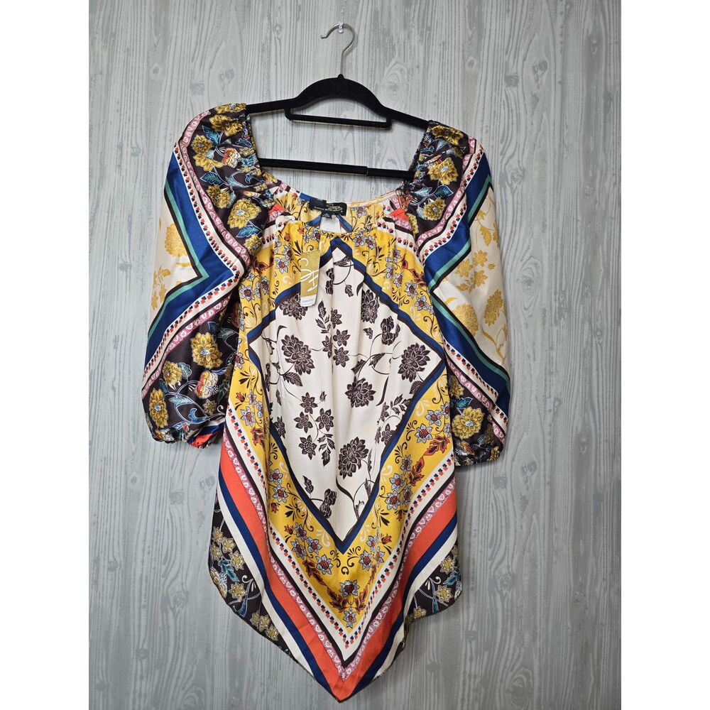 Suzanne Betro Handkerchief Hem Boho Blouse Small NWT Mixed Print Top